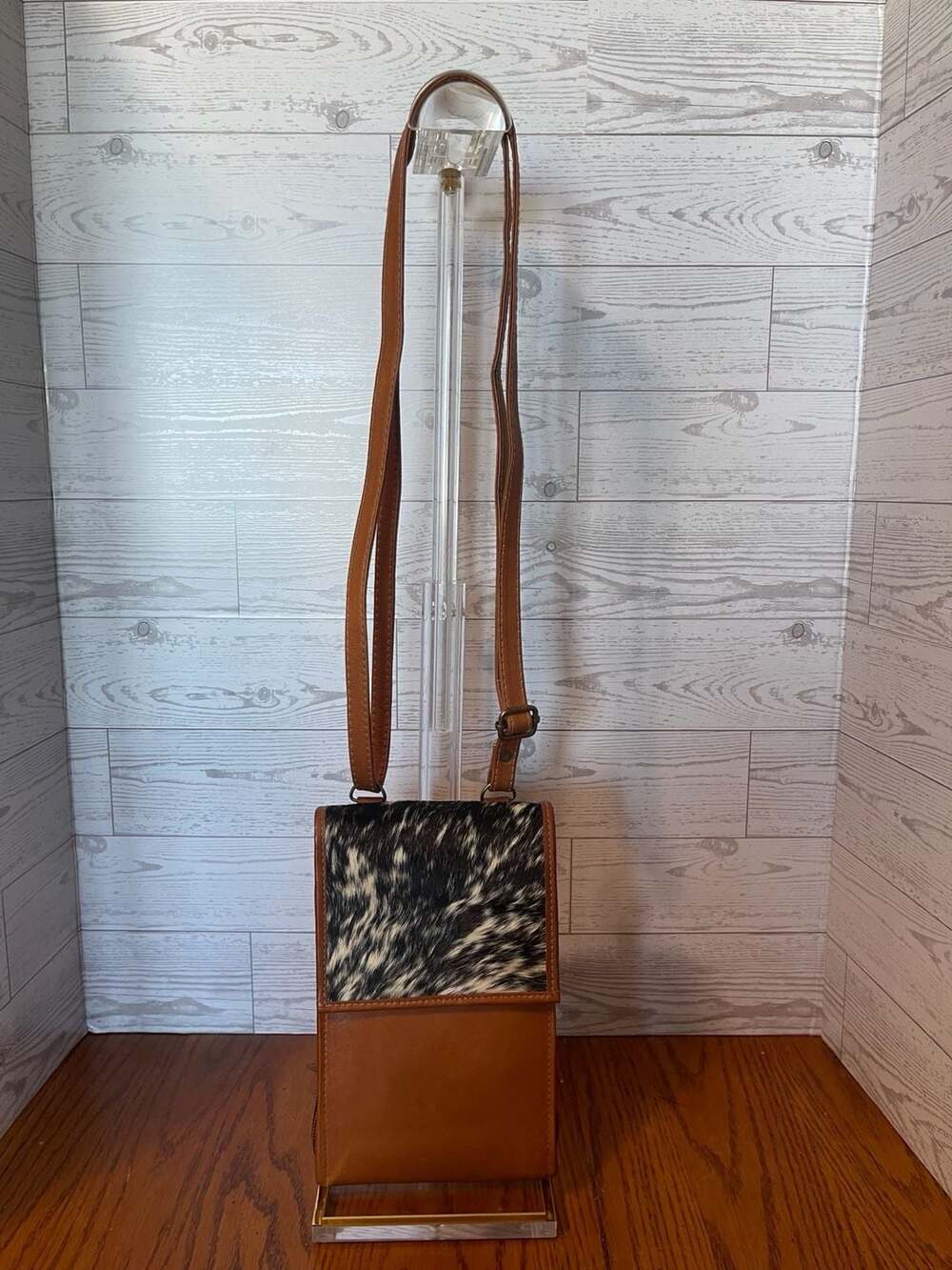Cowhide and Brown Leather Cellphone Crossbody Wallet Purse